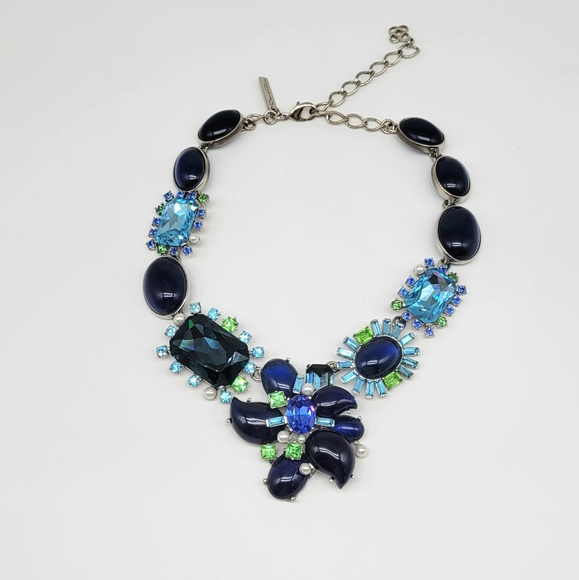 Oscar de la Renta Blue Glass and Swarovski Crystal Flower Statement Necklace - Picture 9 of 13